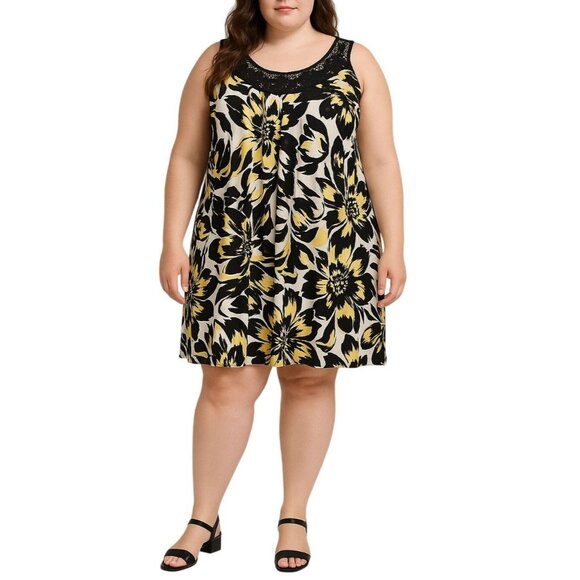 En Focus Dresses & Skirts - En Focus Floral Print Sleeveless Yellow Black Dress Black Lace Neckline Size 18